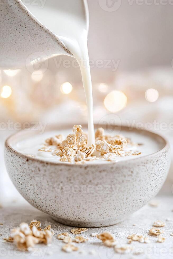 Milk cascades smoothly into a ceramic bowl filled with cereal, embodying freshness and comfort. The soft background highlights the inviting scene of a cozy breakfast photo