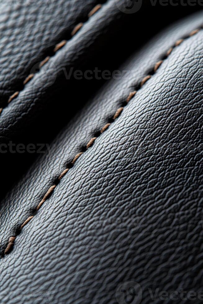 Close-up of a soft-focus black leather texture showcasing raised stitching in a subtle pattern, perfect for creating an elegant backdrop for branding messages photo