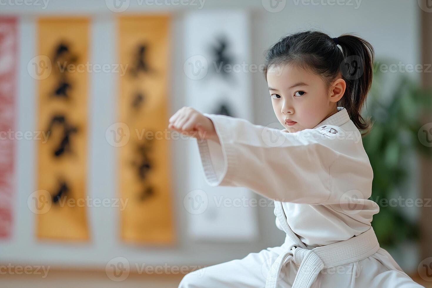 A young child dressed in a karate uniform practices a high kick in a martial arts dojo. Softly blurred banners in the background highlight the discipline of the activity photo