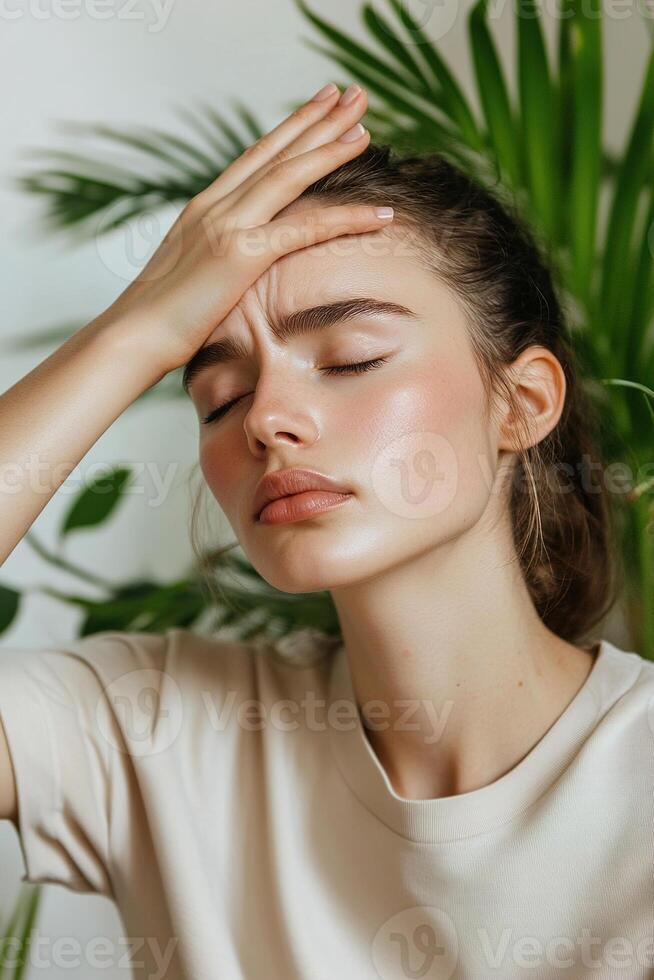 In a softly lit room, a woman presses a cold compress to her forehead, seeking relief. Blurred greenery in the background adds a calming effect to the atmosphere photo