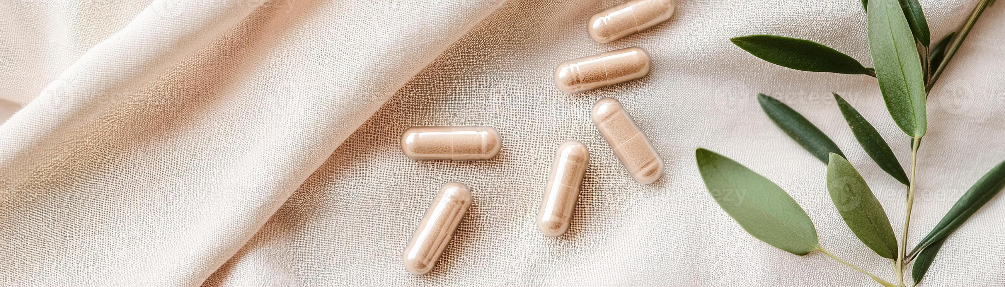 Herbal capsules are arranged thoughtfully on a clean linen fabric, accompanied by fresh leaves and subtle wooden elements, emphasizing the essence of natural supplements photo
