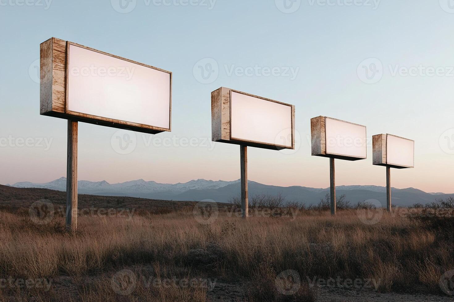 A row of billboards stands empty, stretching toward the horizon. The barren landscape and soft light of sunset create an ambiance of isolation, emphasizing the repetition of branding photo