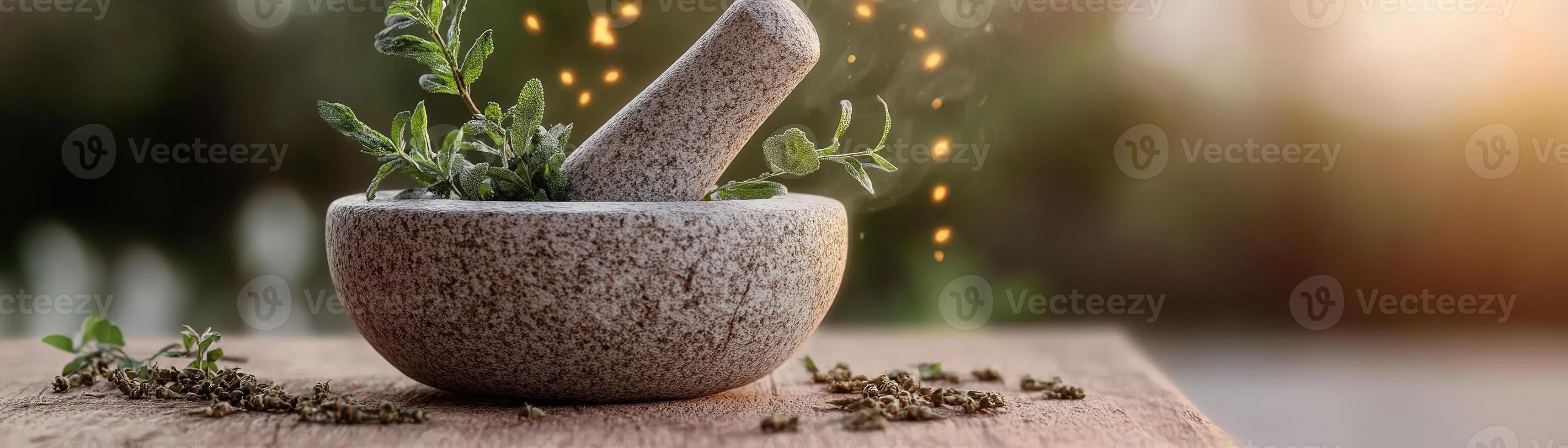 A stone mortar and pestle levitate above a wooden table, grinding fresh glowing herbs that release golden energy, evoking ancient Ayurvedic healing traditions and practices photo