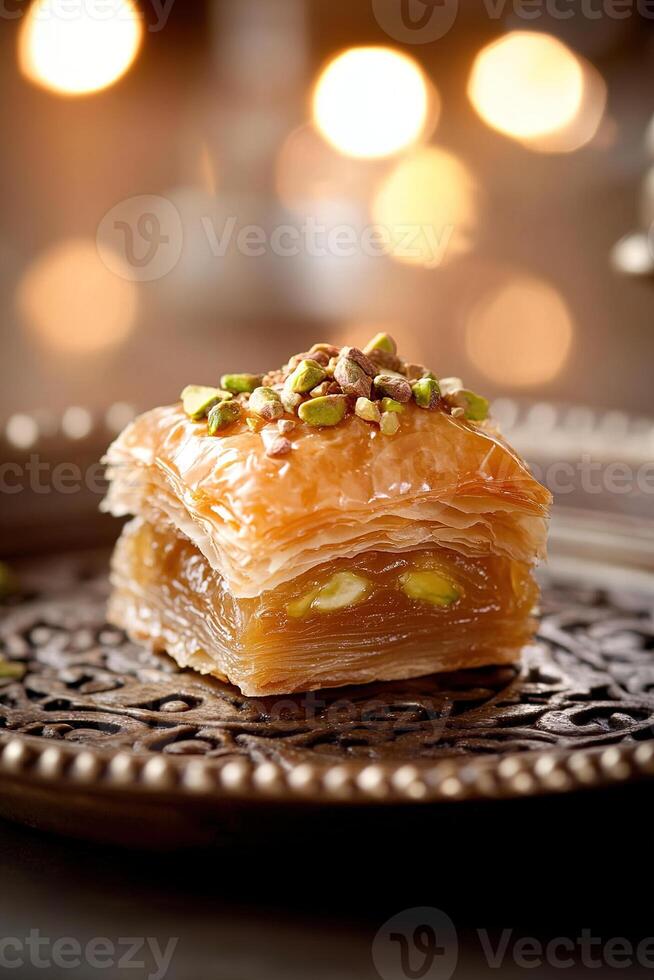 A warm piece of pistachio baklava sits elegantly on a decorative ceramic dish. The layers of phyllo pastry are glistening with honey, creating a tempting dessert experience photo