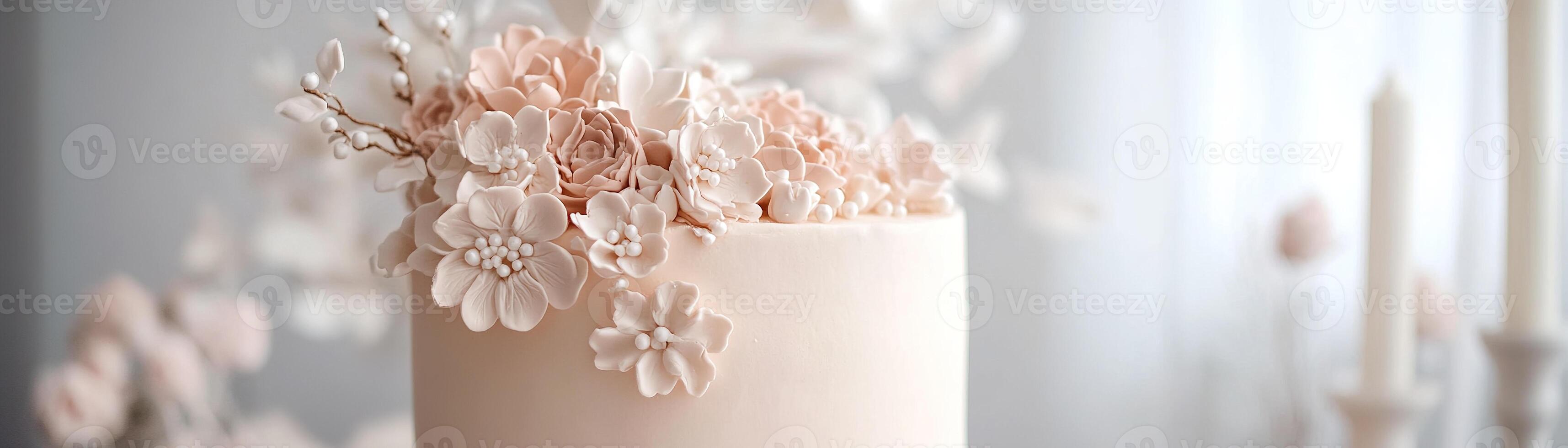 A beautifully crafted blush-toned cake features intricate sugar flowers cascading down its side. Edible pearls add a touch of elegance, perfect for a special occasion photo