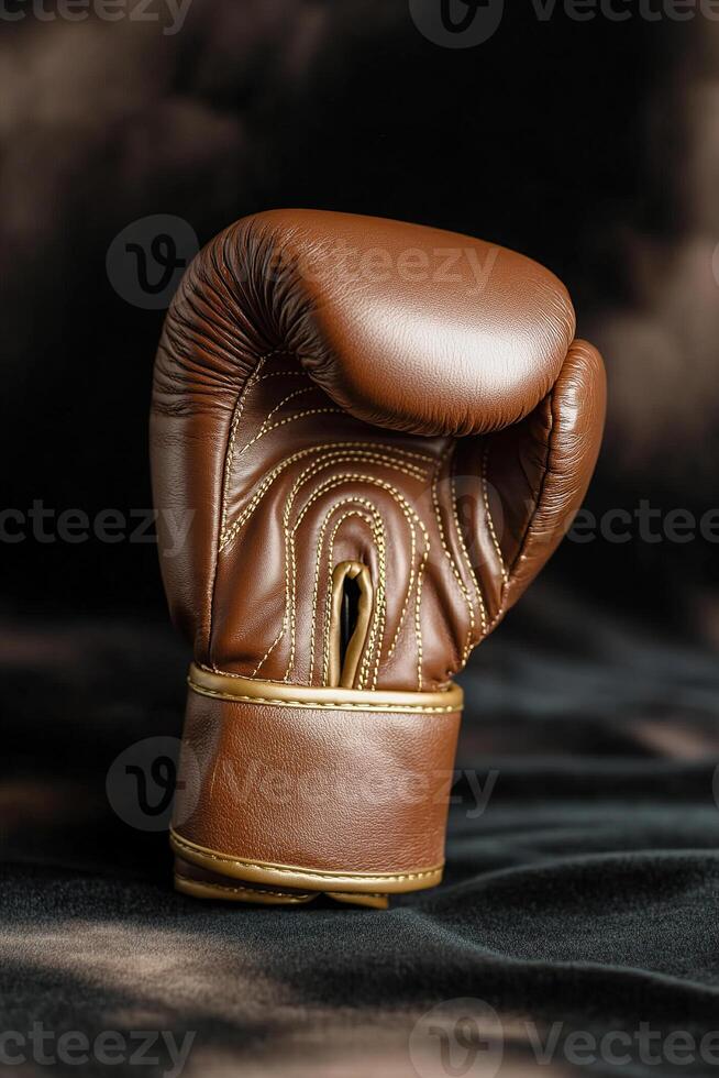 A stunning leather boxing glove features embossed gold detailing, showcasing craftsmanship against a rich dark velvet backdrop, illuminated by soft studio lighting for an opulent appearance photo