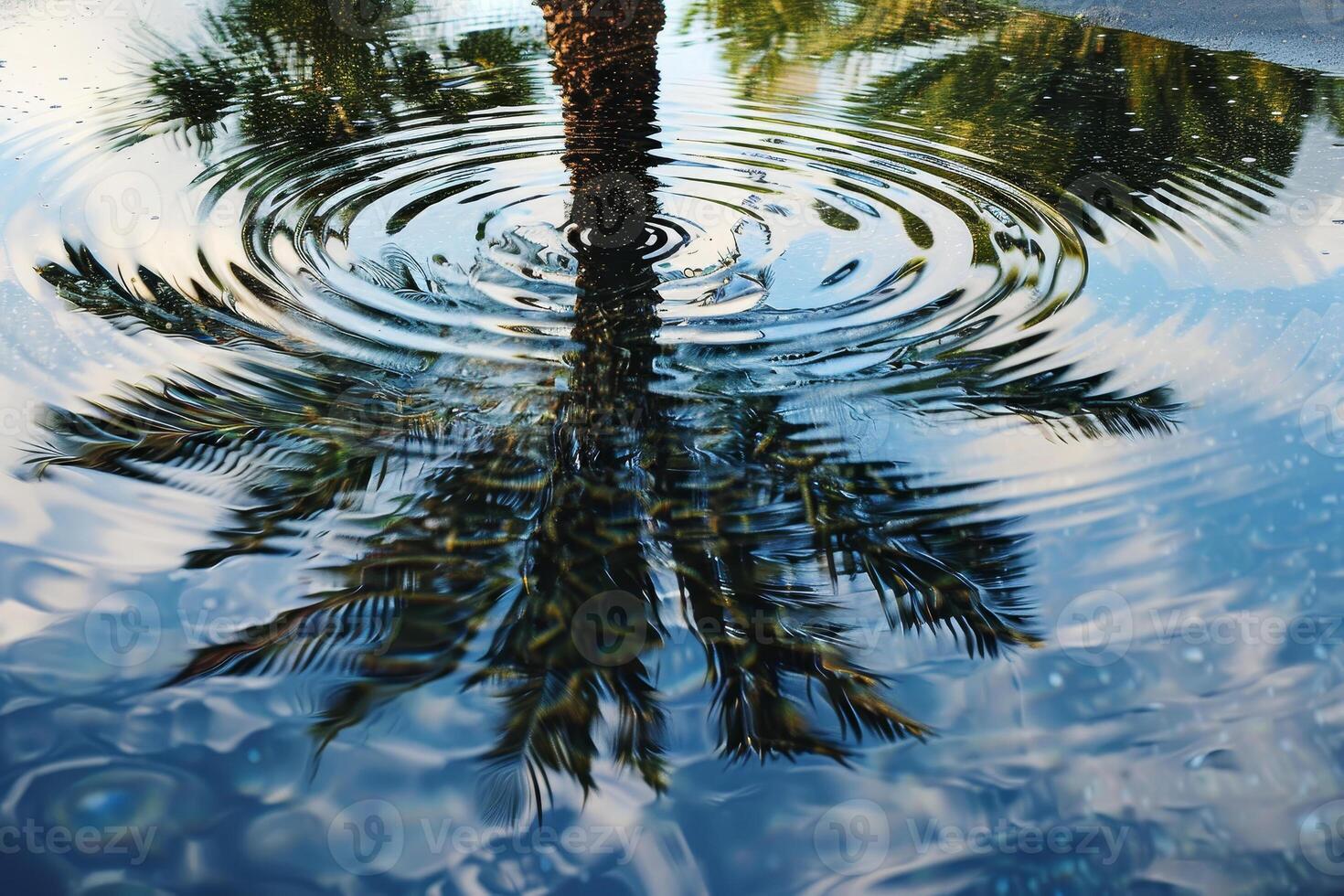 A palm tree is reflected in a pool of water photo