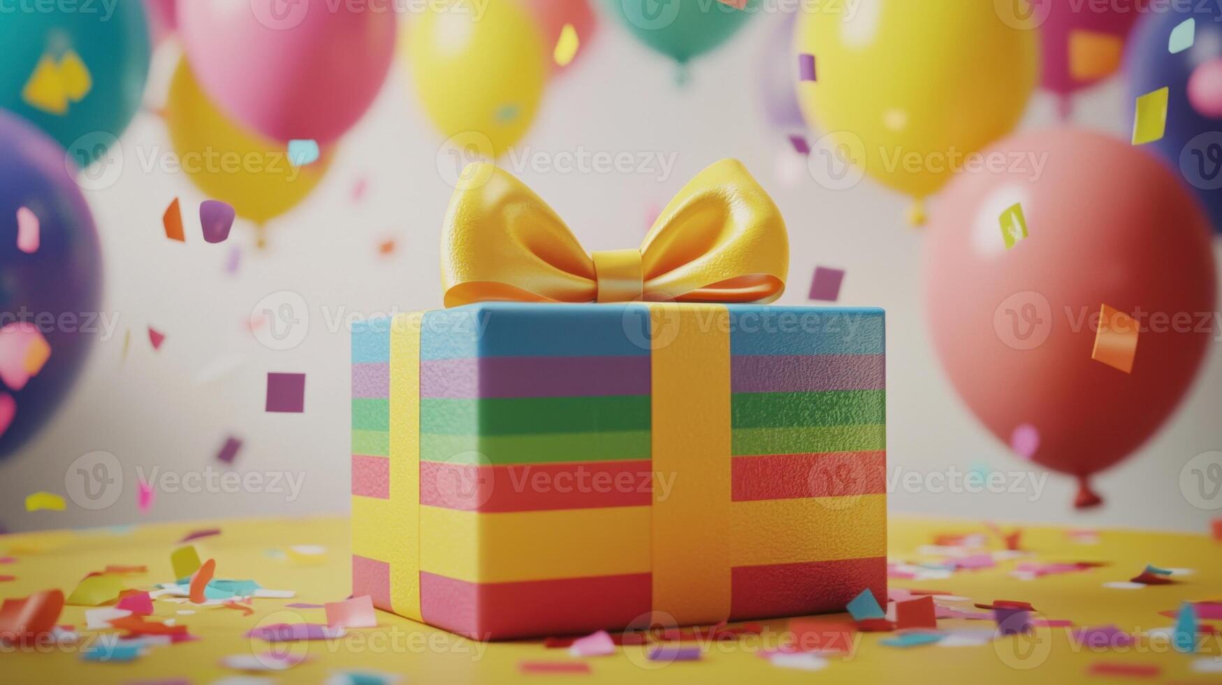 A colorful gift box with a bow on top surrounded by colorful balloons photo