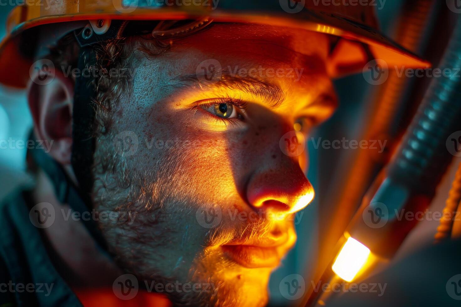 A man in a hard hat with a light on his face photo