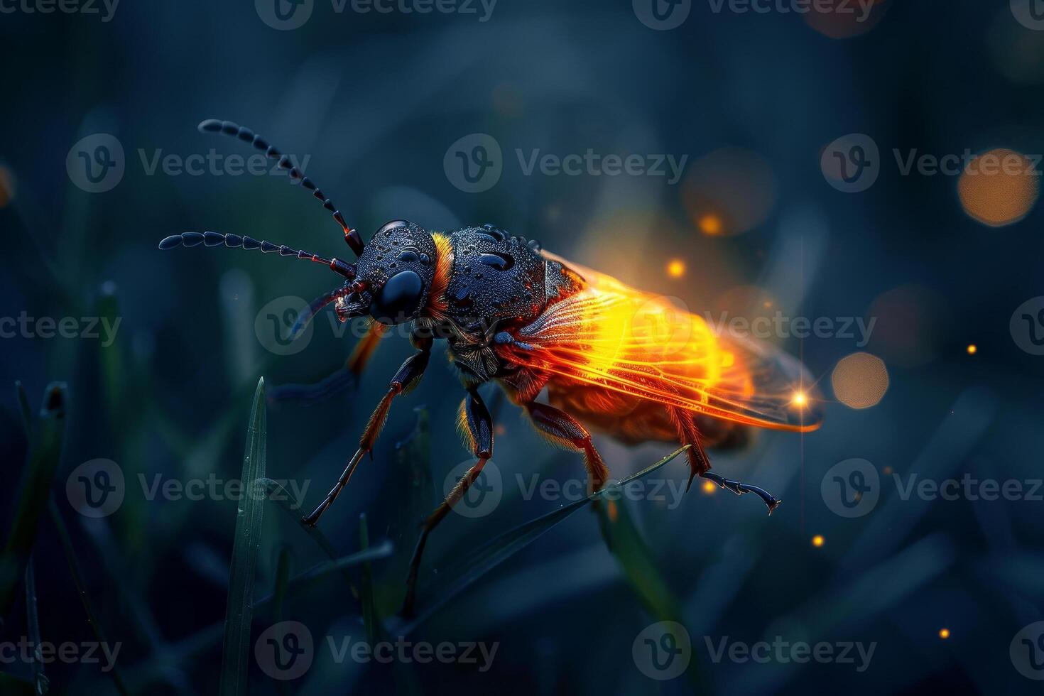 A bug with glowing eyes and wings on a grassy field photo