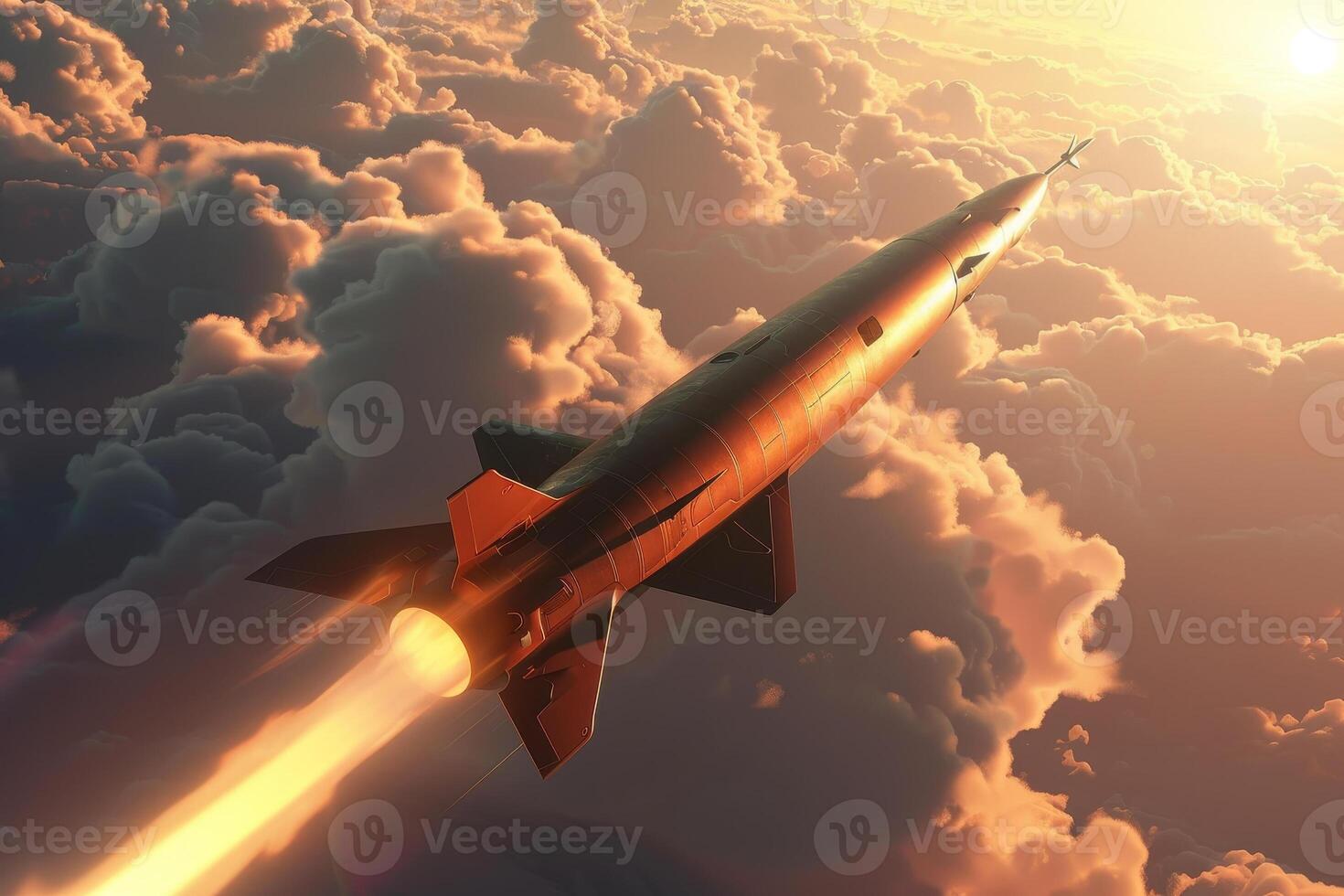 A rocket is flying through the sky photo