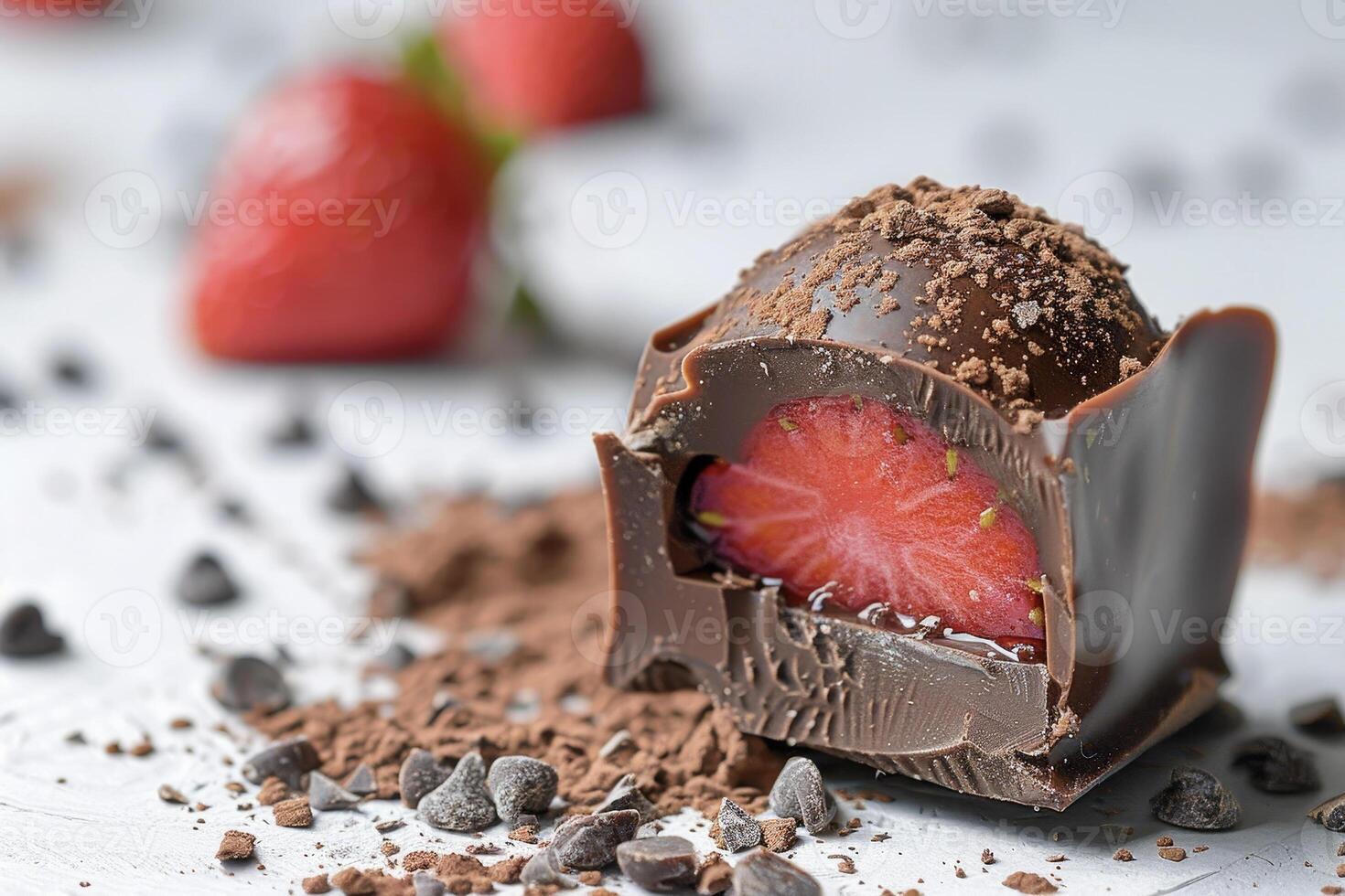 A chocolate covered strawberry sitting on top of chocolate chips photo