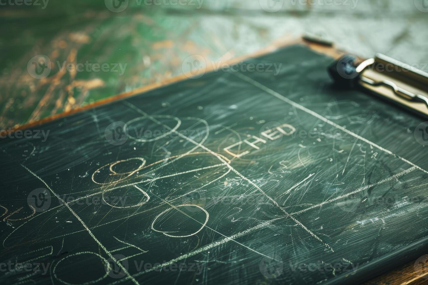 A blackboard with a pen and a pencil on it photo