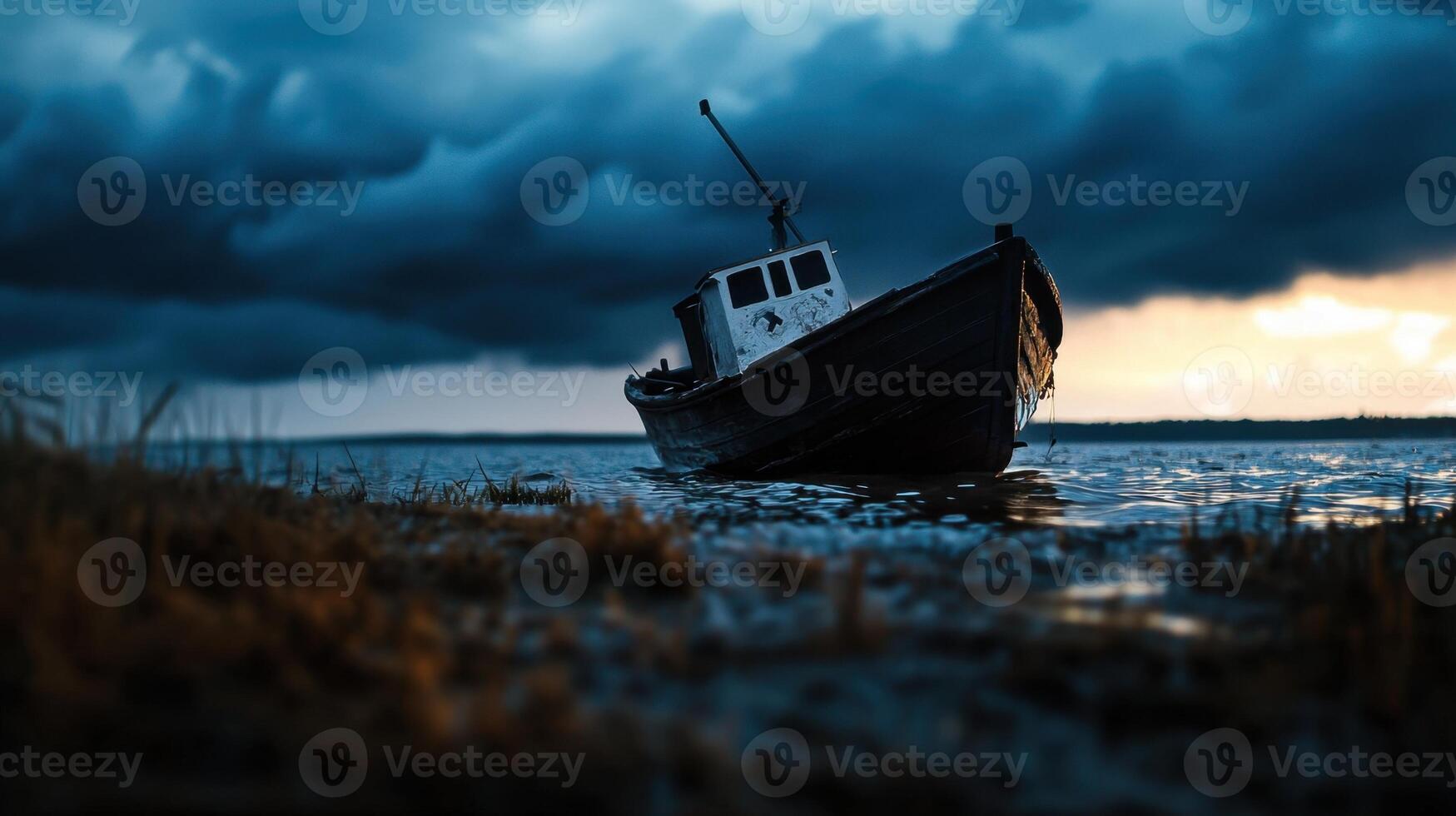 A boat sits on the water in front of a stormy sky photo