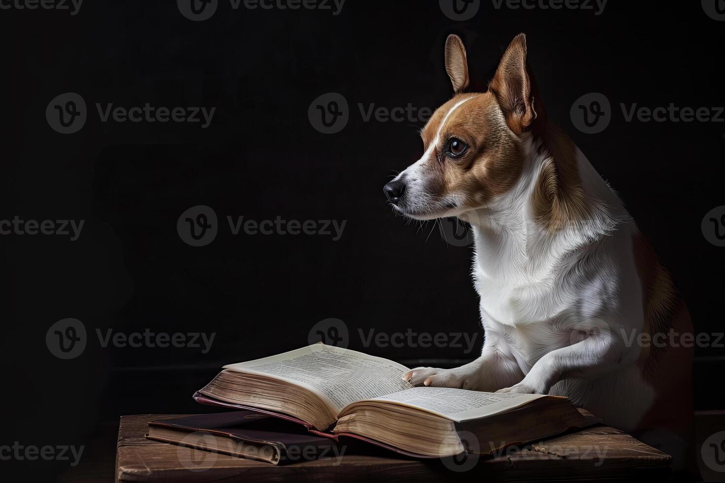 A dog sitting on top of an open book photo