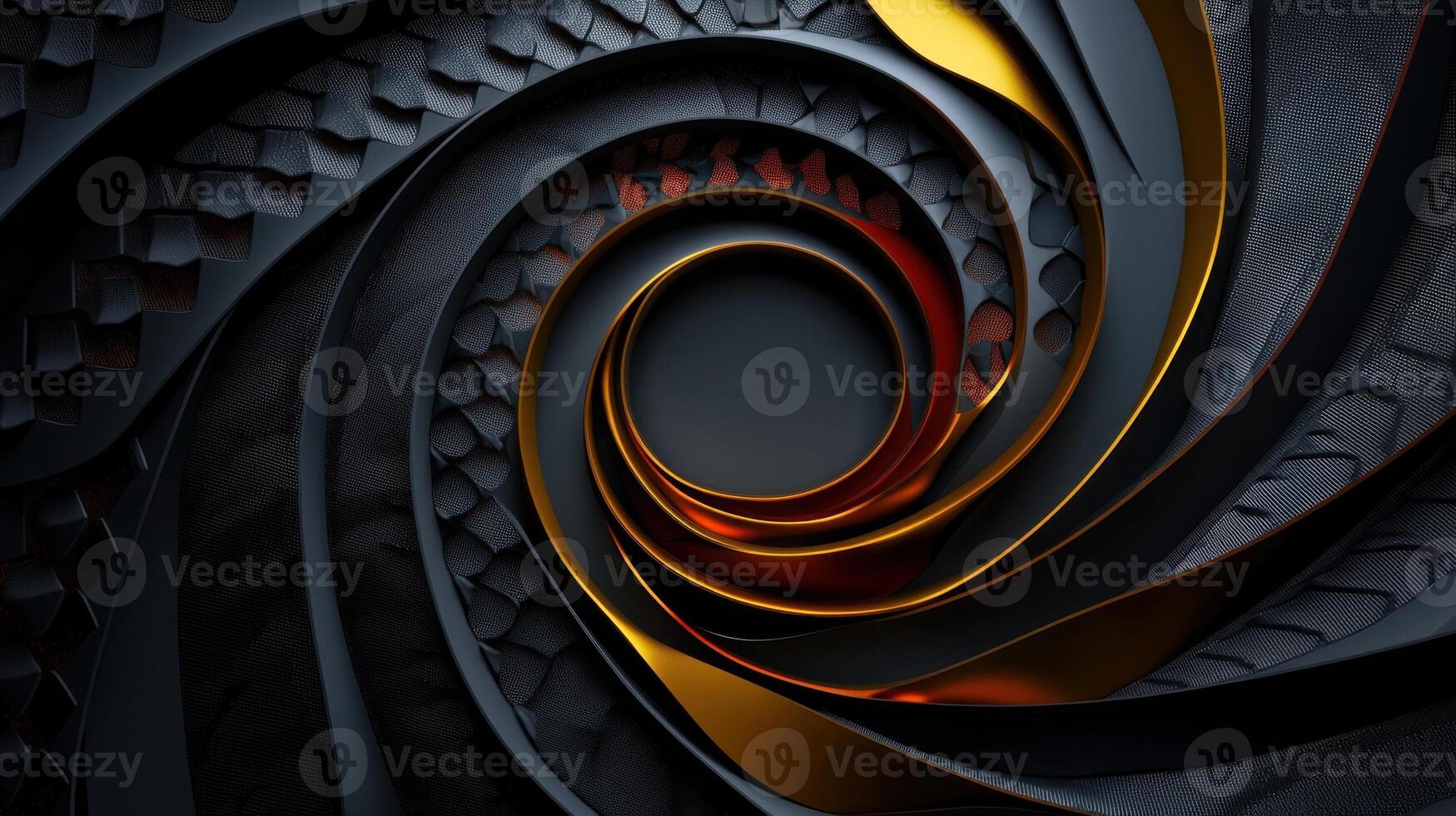 A black and gold spiral design on a black background photo