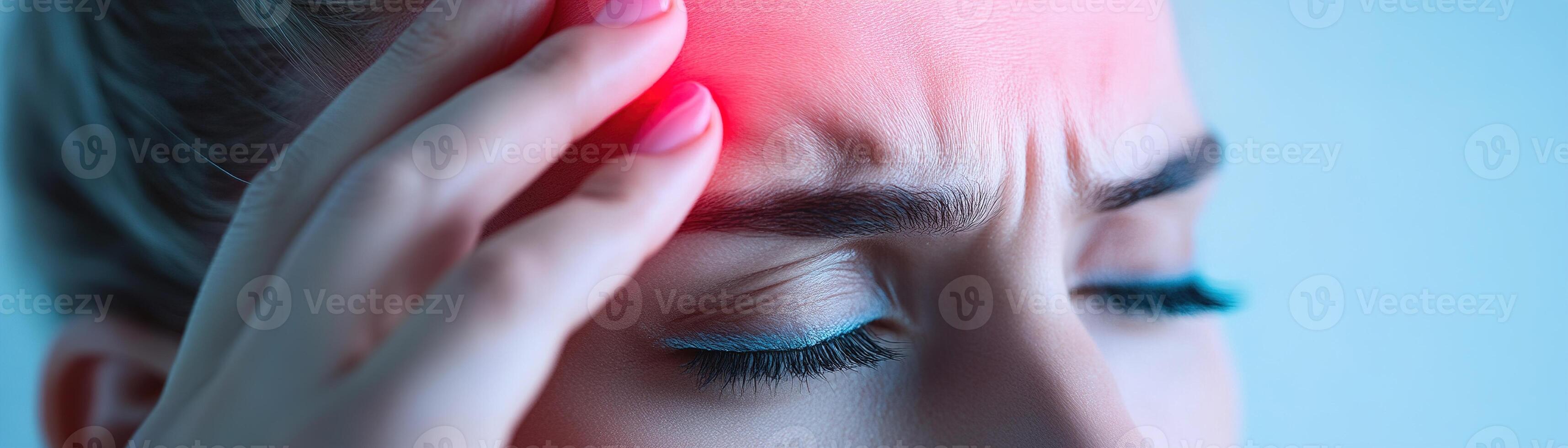 A close-up portrait captures the expression of discomfort on a person's face, with a soft red glow illuminating the forehead photo