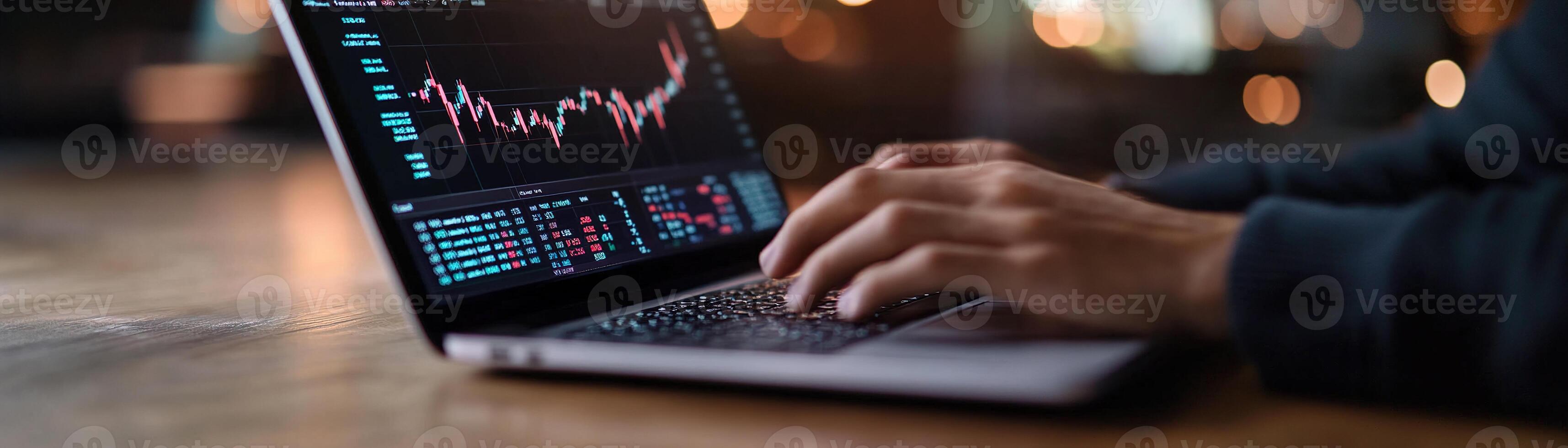 A trader intently analyzes glowing market trends on a sleek laptop screen in a vibrant trading environment, making strategic investment choices photo