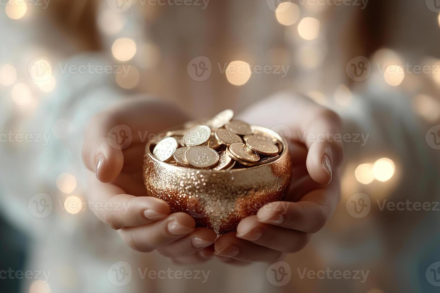 Softly lit ambiance enhances the charm as a woman holds a small gold pot brimming with chocolate coins. Sparkling golden lights create a magical setting perfect for celebrations photo
