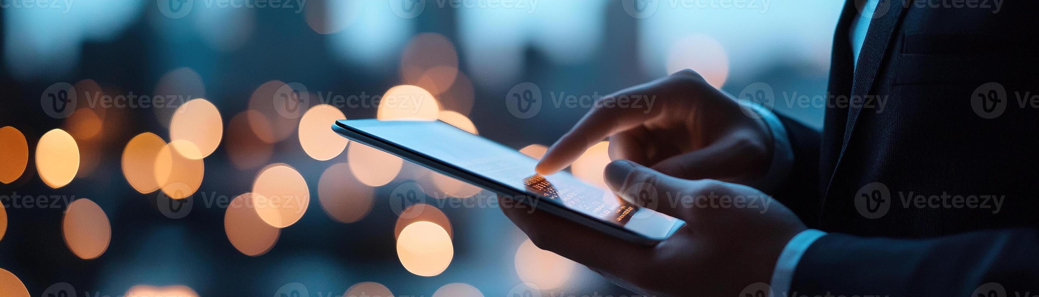 A sharply dressed investor reviews crucial financial information on a sleek tablet, with a softly blurred city skyline in the background symbolizing global trading at dusk photo