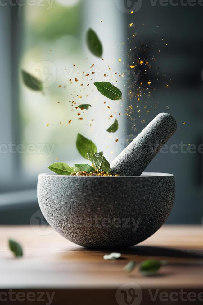 A stone mortar and pestle hover over a wooden table, grinding fresh glowing herbs. Golden energy radiates from the mixture, embodying the essence of ancient healing practices photo