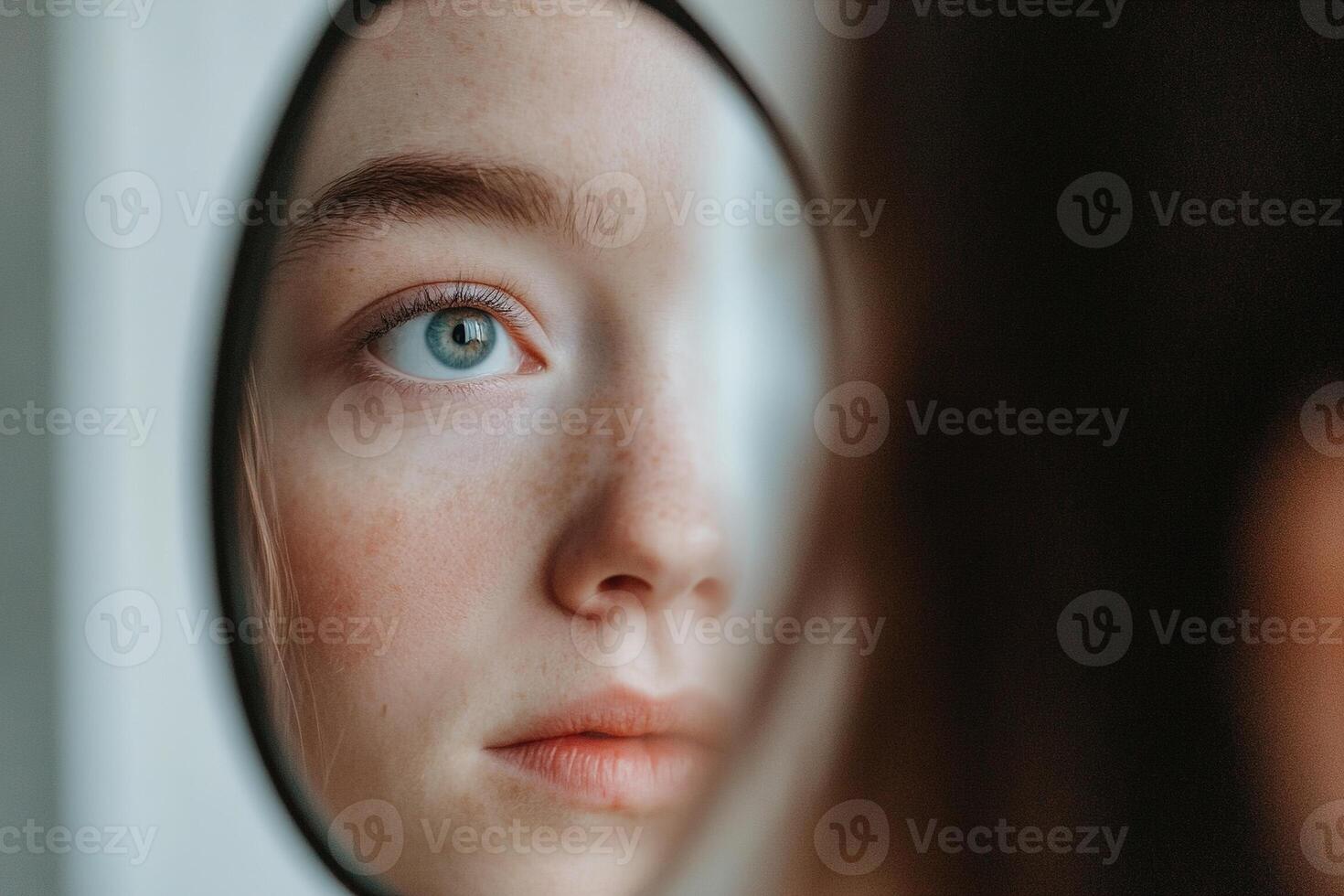 In a cozy room, a person stands before a mirror, observing their reflection. The image appears slightly distorted, creating an unsettling yet fascinating moment filled with intrigue photo