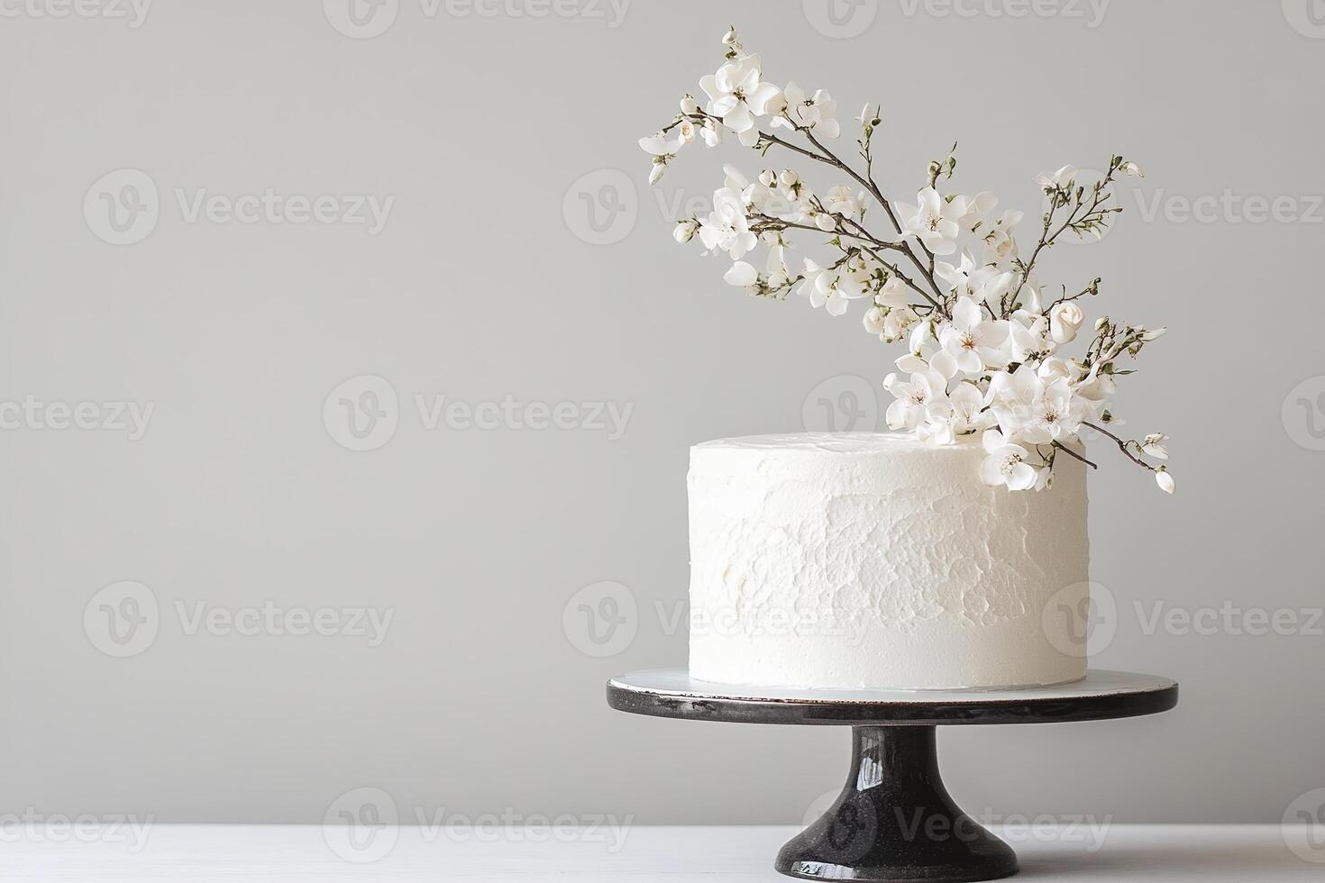 A smooth all-white cake features delicate embossed details, topped with branches of white flowers. It sits elegantly on a black cake stand against a neutral backdrop photo