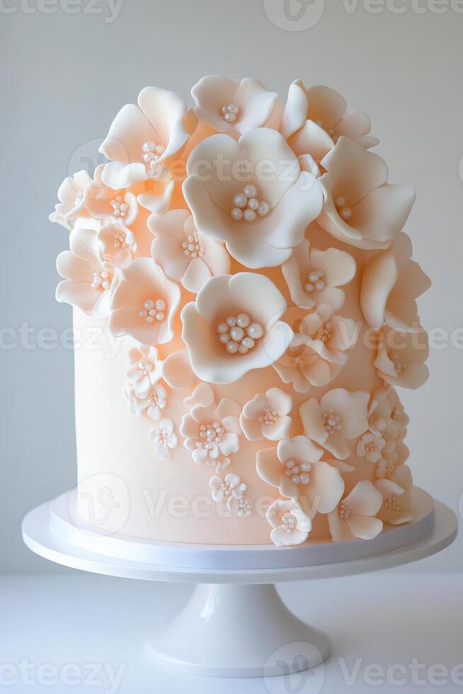 This delicate cake features soft vanilla hues and an exquisite arrangement of handcrafted sugar flowers cascading gracefully. Edible pearls add a touch of elegance, perfect for celebrations photo