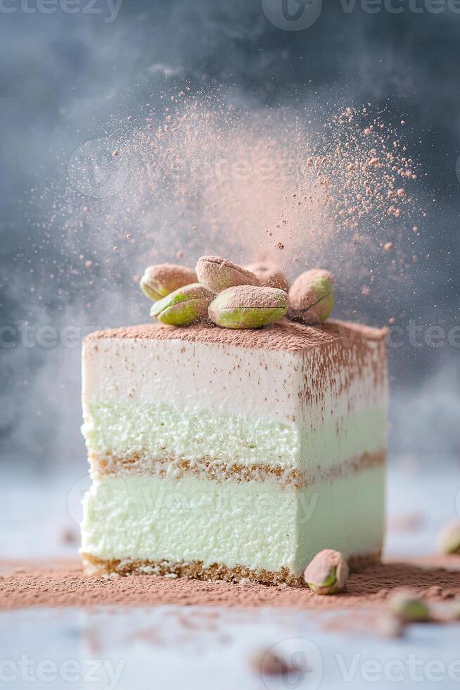 A towering slice of pistachio tiramisu stands prominently in a misty, ethereal landscape. Cocoa powder lightly falls, enhancing the whimsical atmosphere around this delightful dessert photo