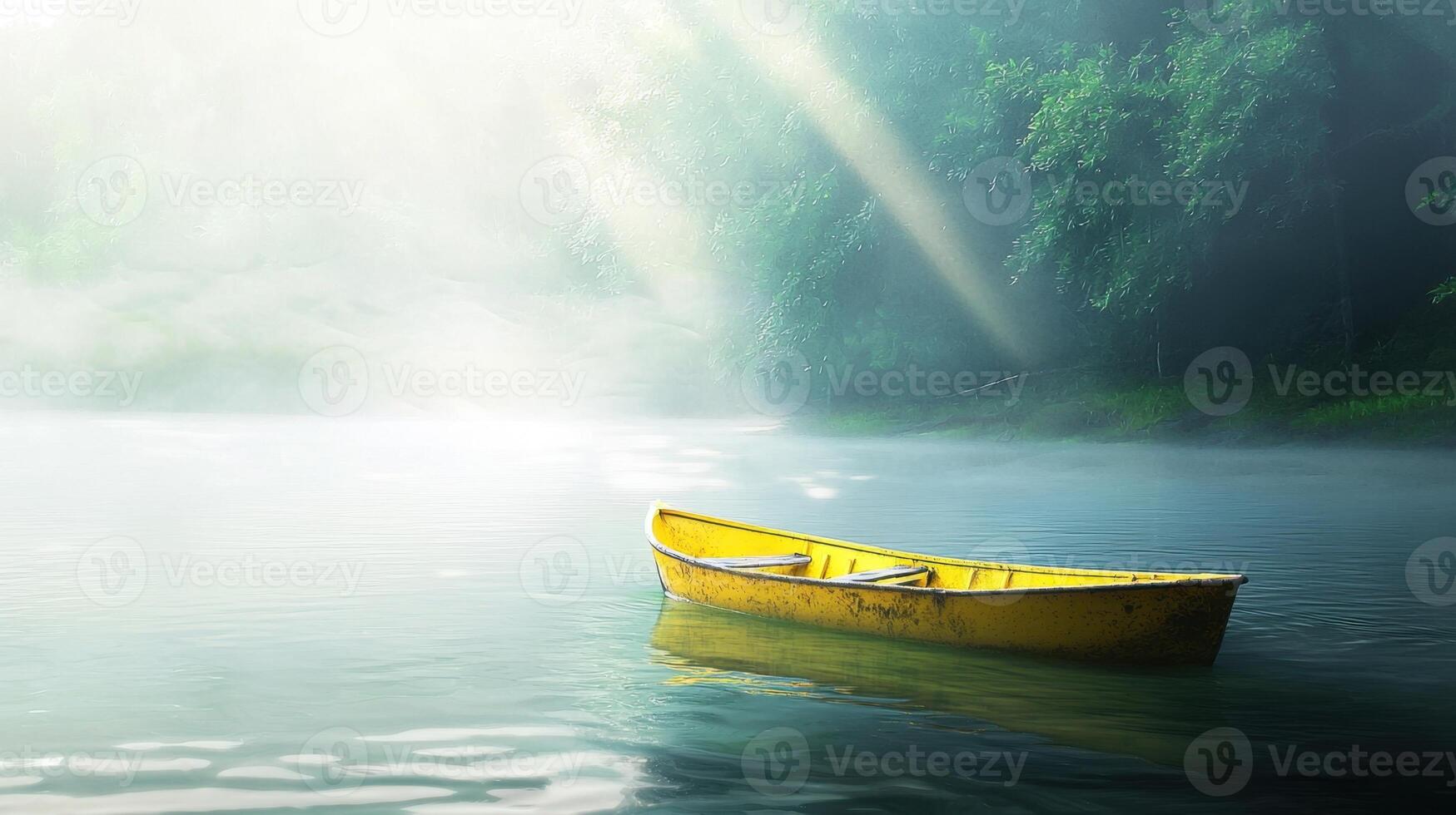 A yellow boat floating in a lake photo