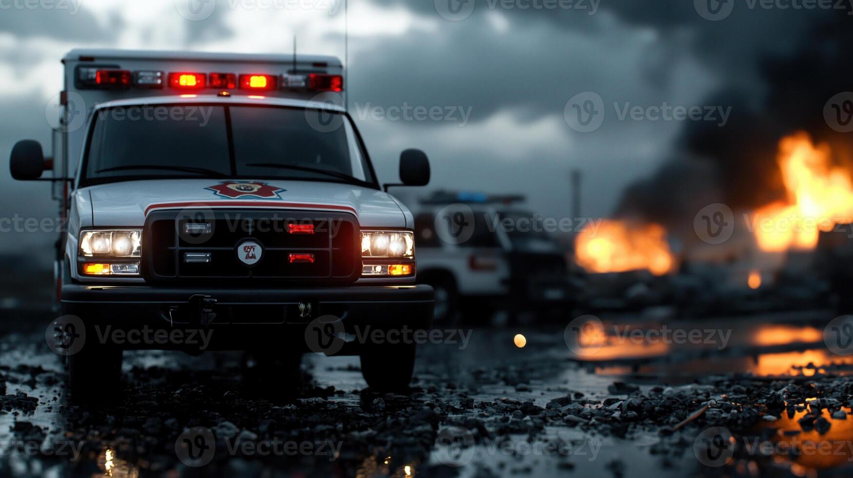 Ambulance on fire in front of a dark background photo