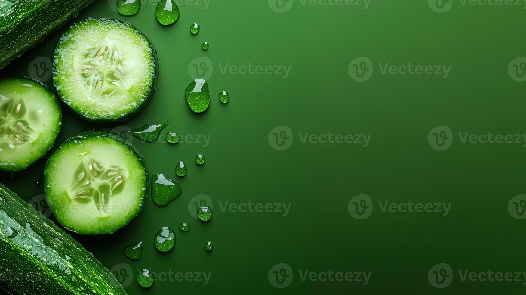 Cucumber slices with water drops on a green background photo