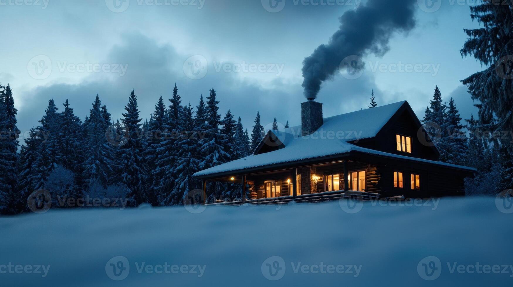 A cabin in the woods with smoke coming out of the chimney photo