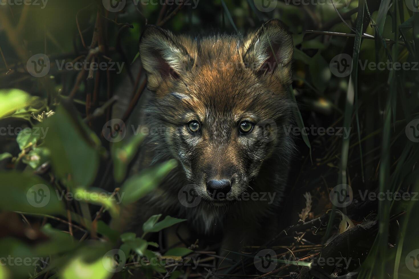 A wolf is looking at the camera in the woods photo