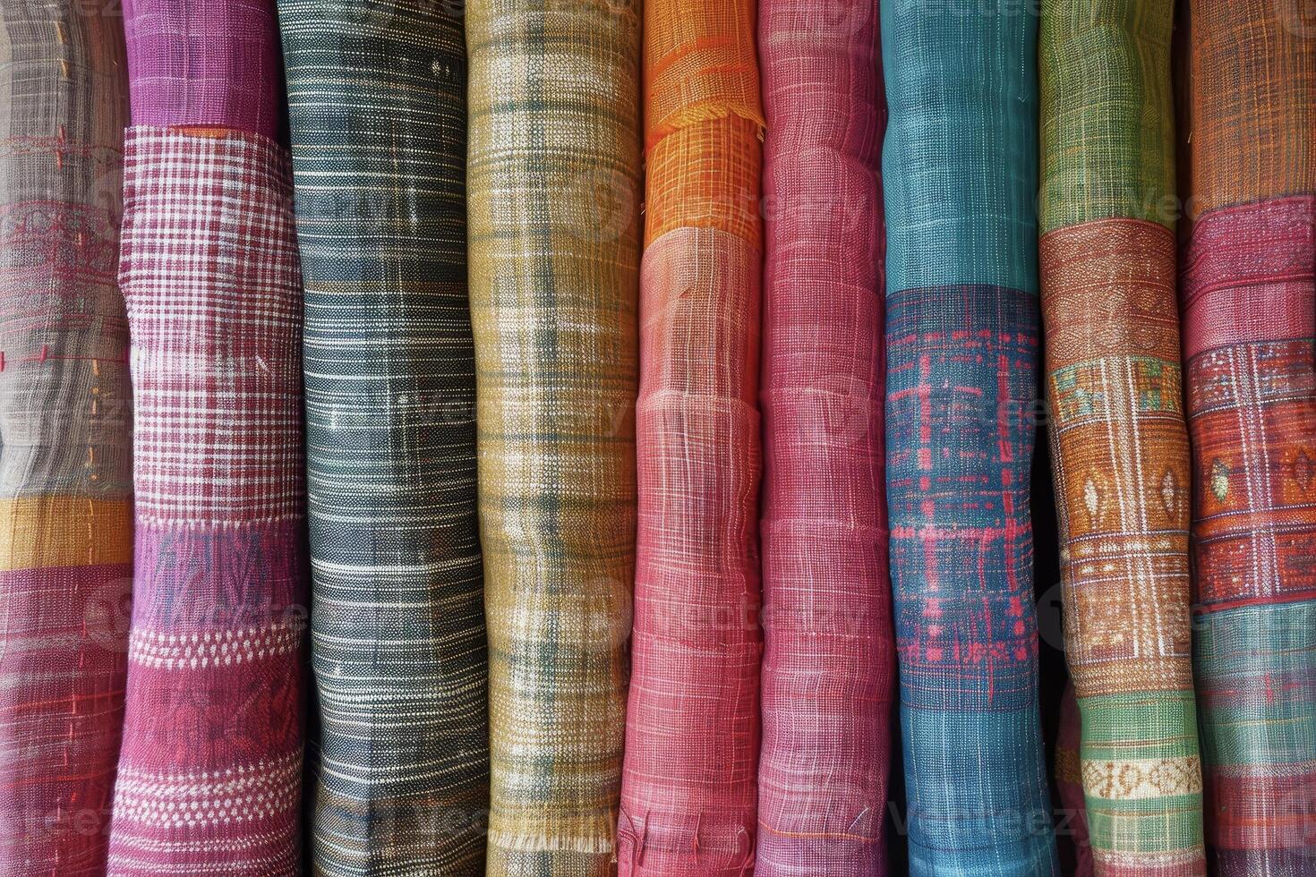 Colorful fabrics are stacked up in a row photo