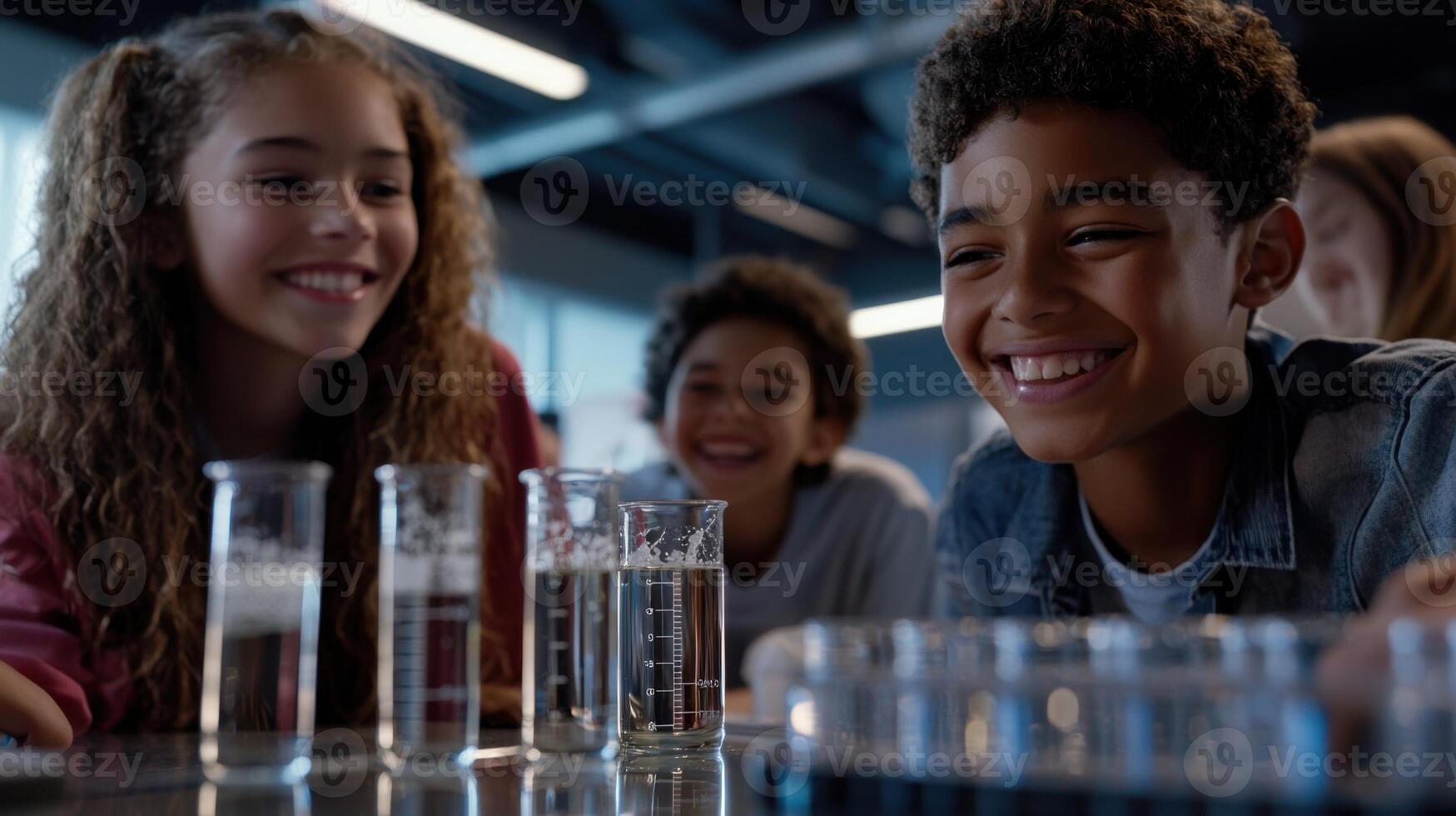 A group of children are smiling while looking at test tubes photo