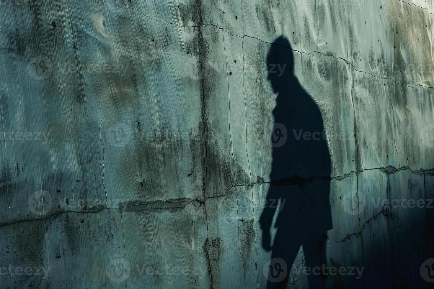 A man is walking in front of a wall, casting a shadow on the wall photo