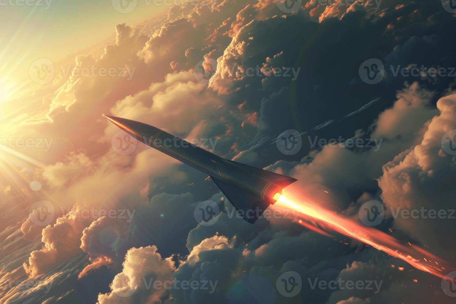 A rocket is flying through the sky with the sun behind it photo