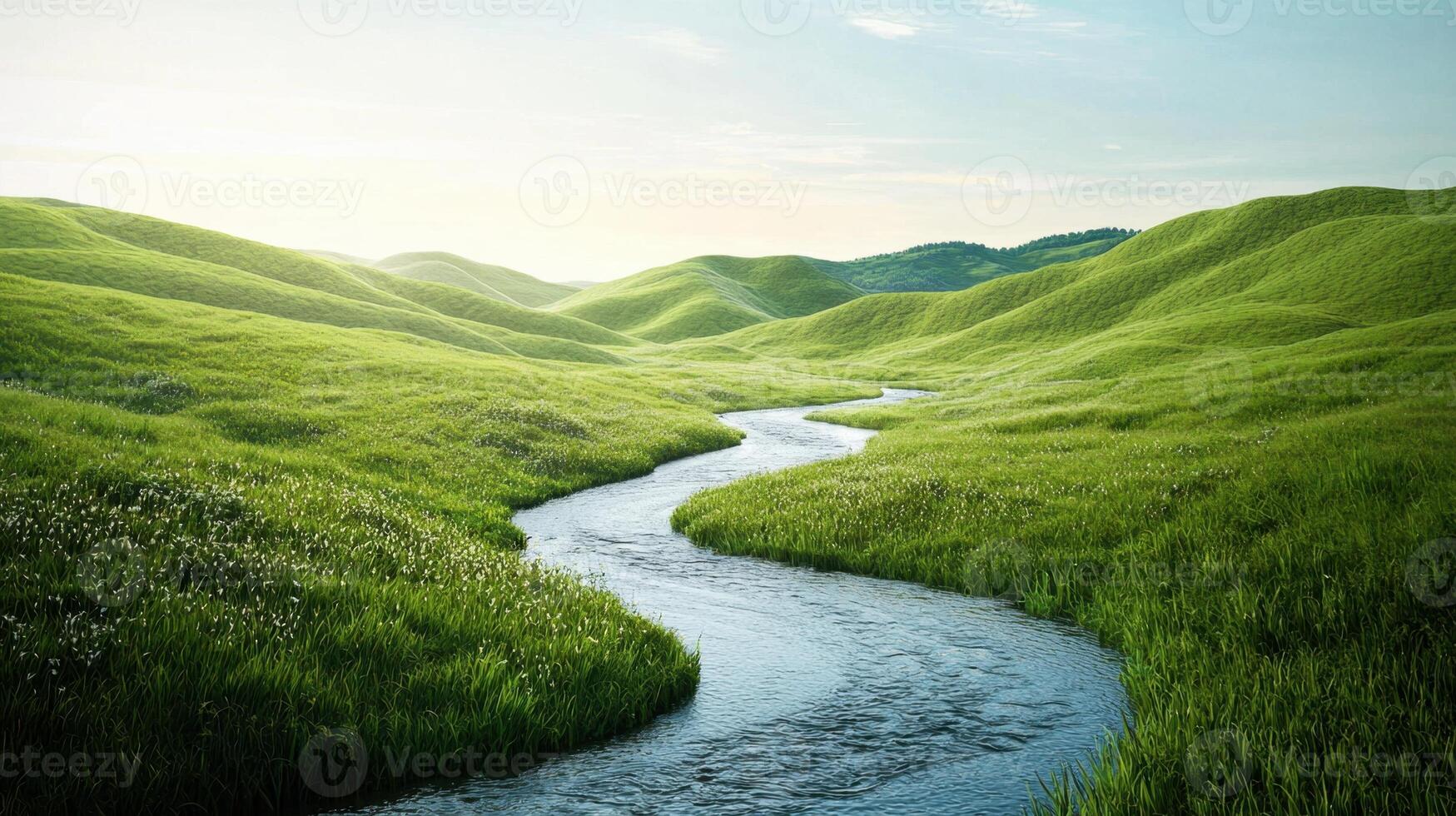 A river runs through a green field with grass photo