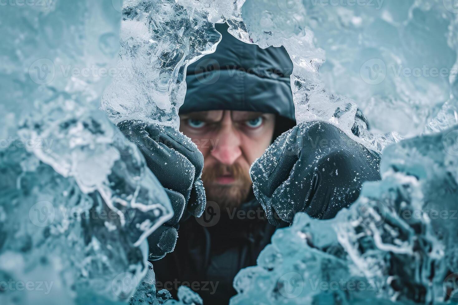 A man in a black jacket is peeking through an ice hole photo