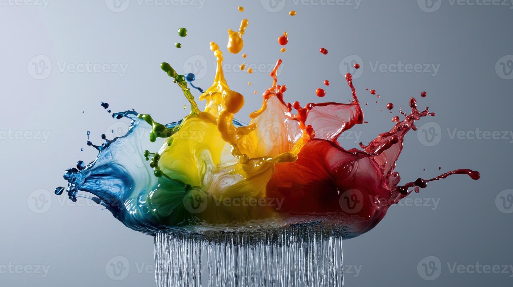 A colorful splash of paint is splattered across a gray background photo