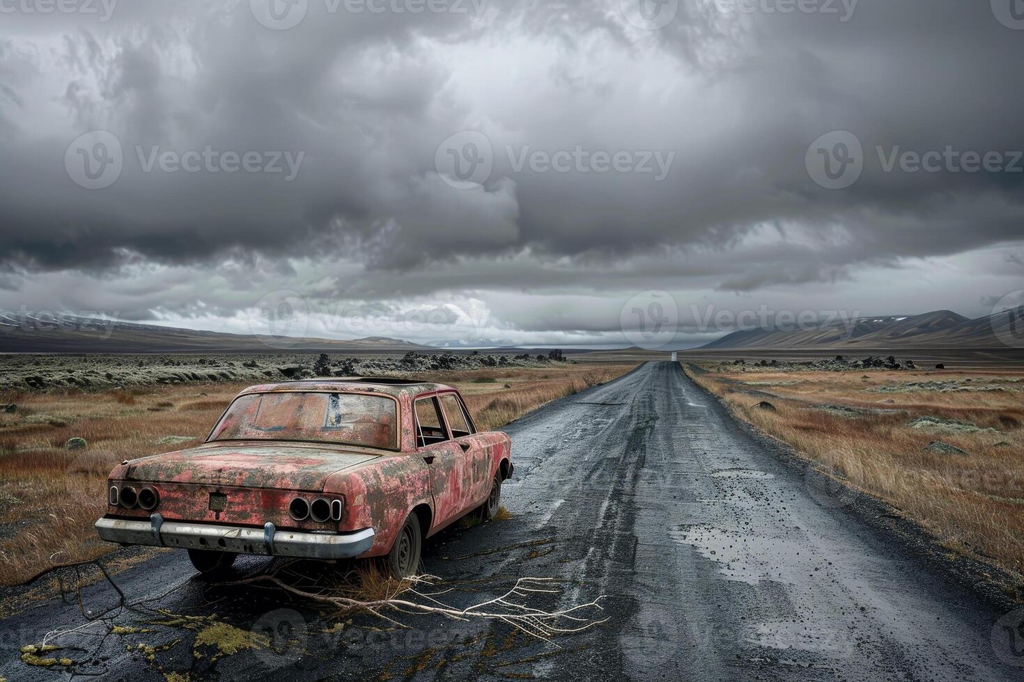 A rusted out car on a road photo