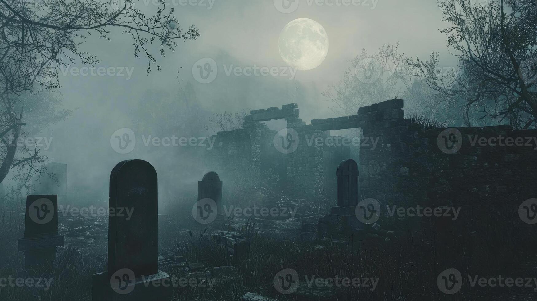 A graveyard shrouded in mist features weathered tombstones and crumbling ruins, illuminated by the glow of a full moon in a dark sky photo