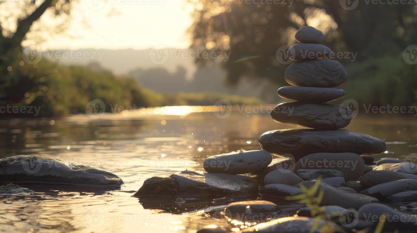 A stack of rocks sitting on the bank of a river photo