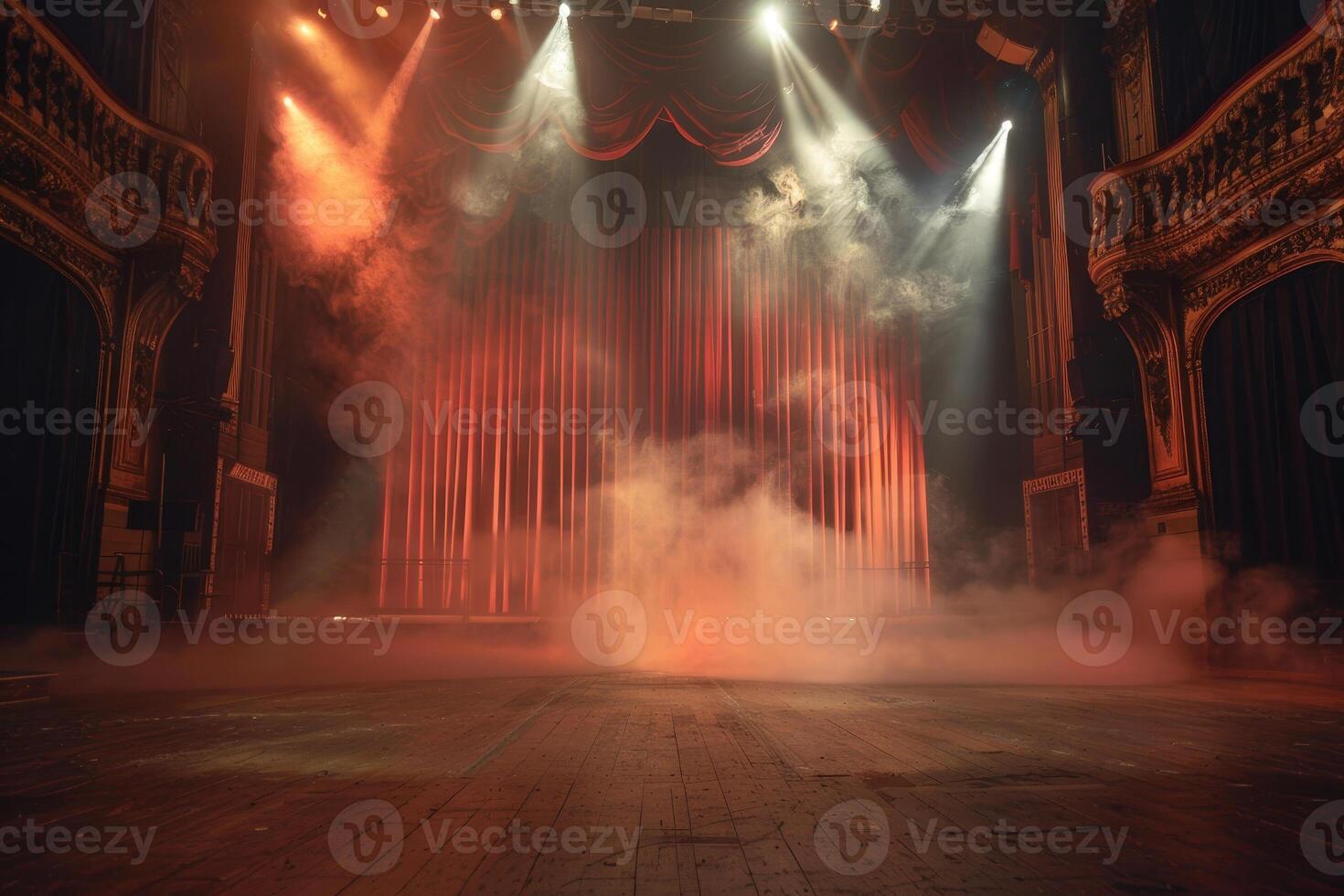 An empty theater with smoke coming out of the ceiling photo