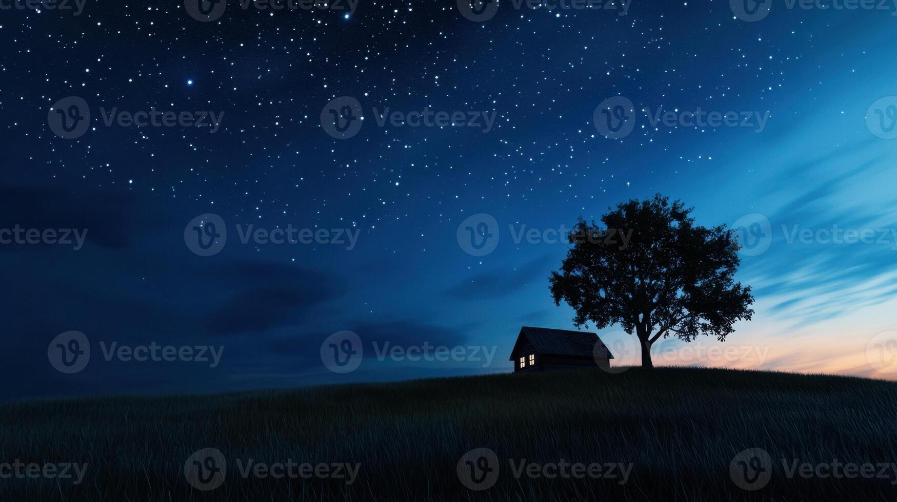 A lone tree stands on a hill under a starry sky photo