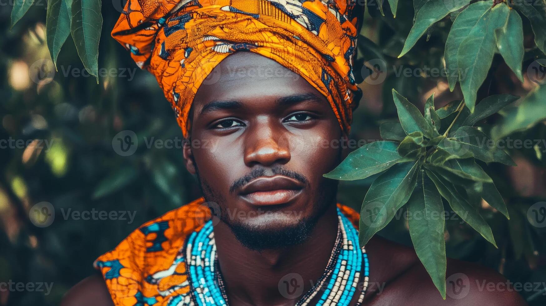 Traditional African attire worn by man, showcasing vibrant colors and intricate patterns. expression reflects pride and cultural heritage amidst lush greenery photo