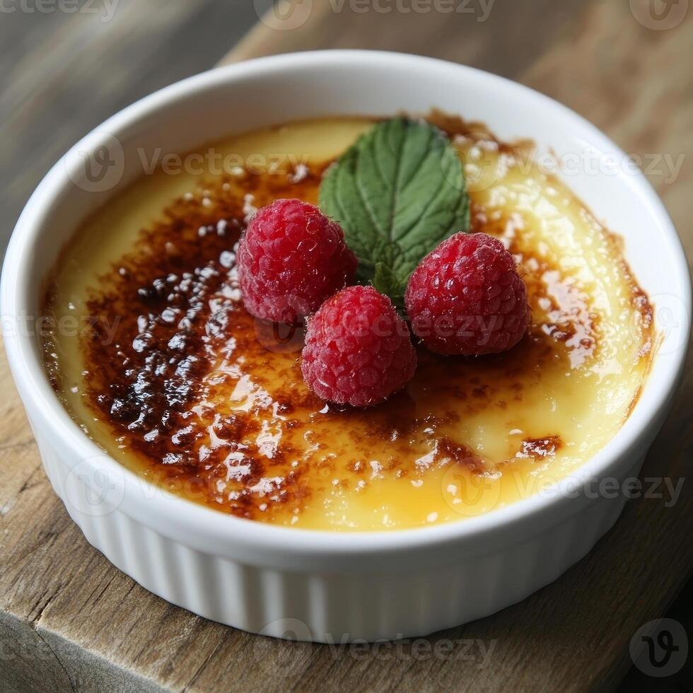 Creamy dessert topped with caramelized sugar and fresh raspberries, served in white ramekin. delightful treat for any occasion photo