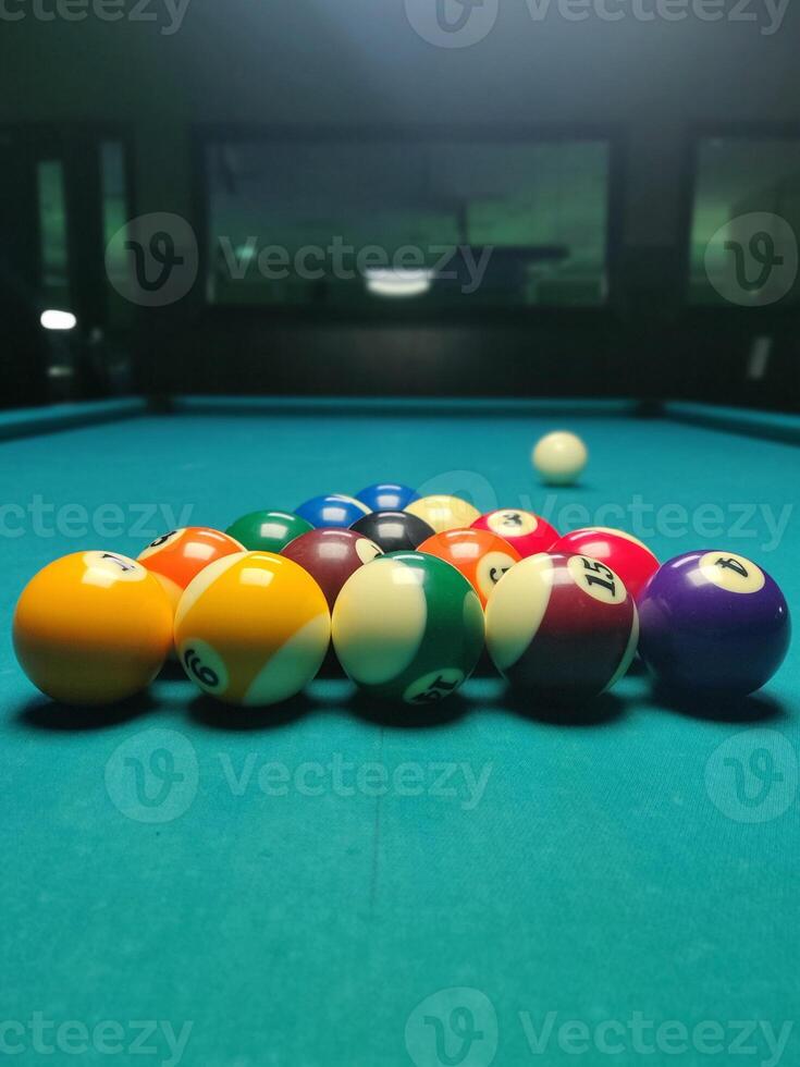 Billiards balls on a pool table photo