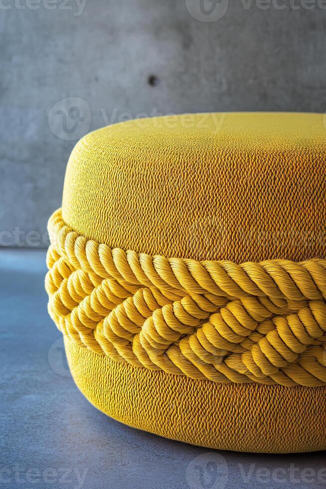 Bright yellow round pouf with woven rope design, perfect for modern decor. This stylish piece adds pop of color and texture to any indoor or outdoor space photo